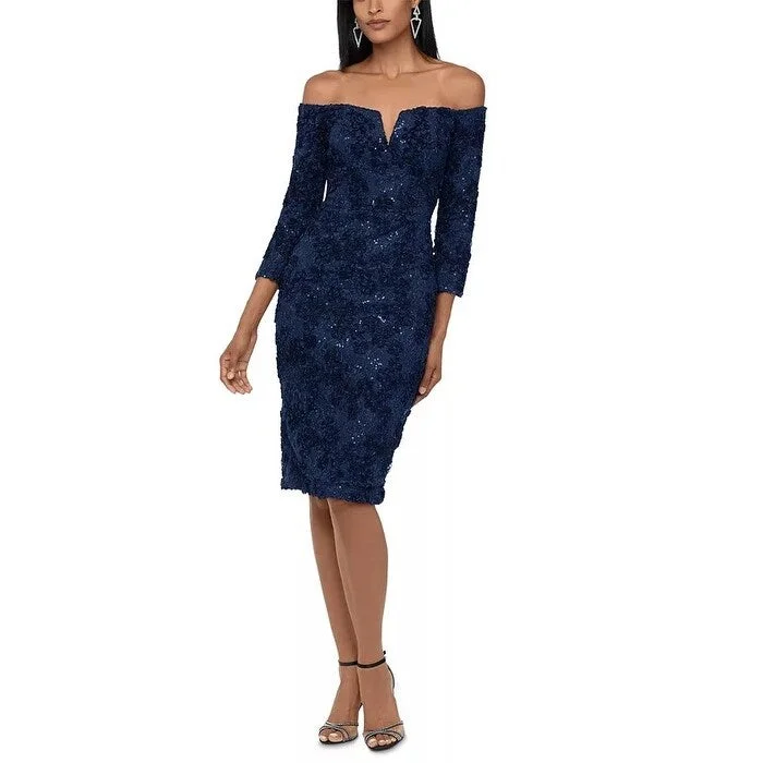 XSCAPE Women's Lace Off The Shoulder Cocktail Dress Blue Size 12 Confident Women's High - fashion XSCAPE Women's Lace Off The Shoulder Cocktail Dress Blue Size 12 Confident Women's High - fashion