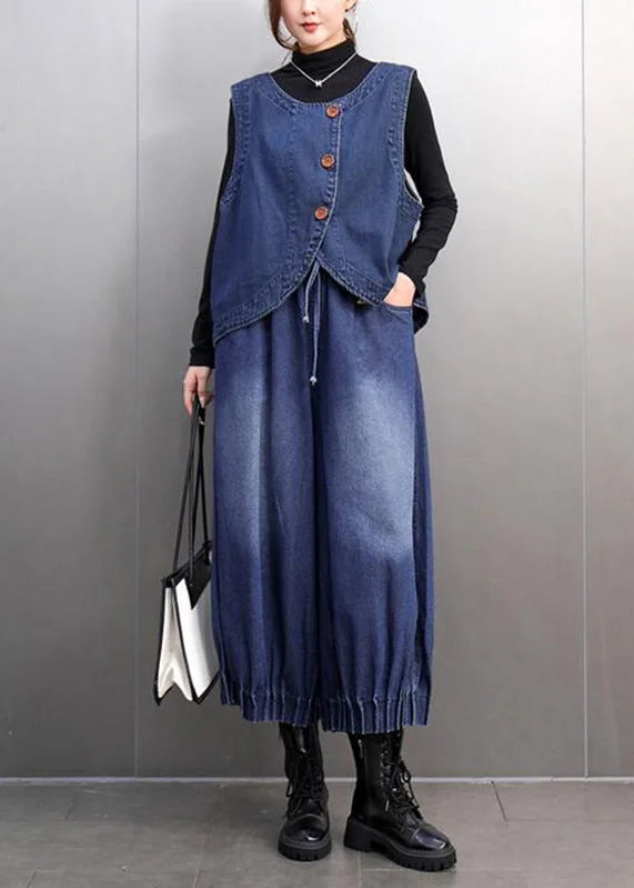 Boutique Blue O-Neck Button Denim Waistcoat And Crop Pants Two Pieces Set Spring Rugged Women's Outdoor 