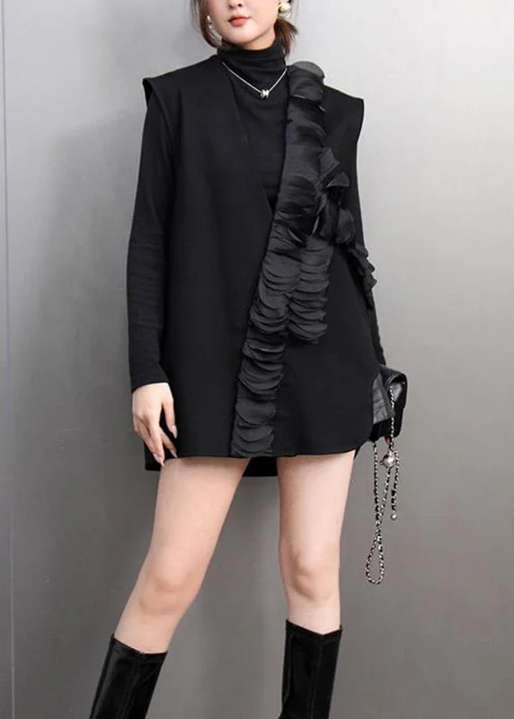 Fashion Black V Neck Ruffled Patchwork Waistcoat Spring Modern Women's Tech