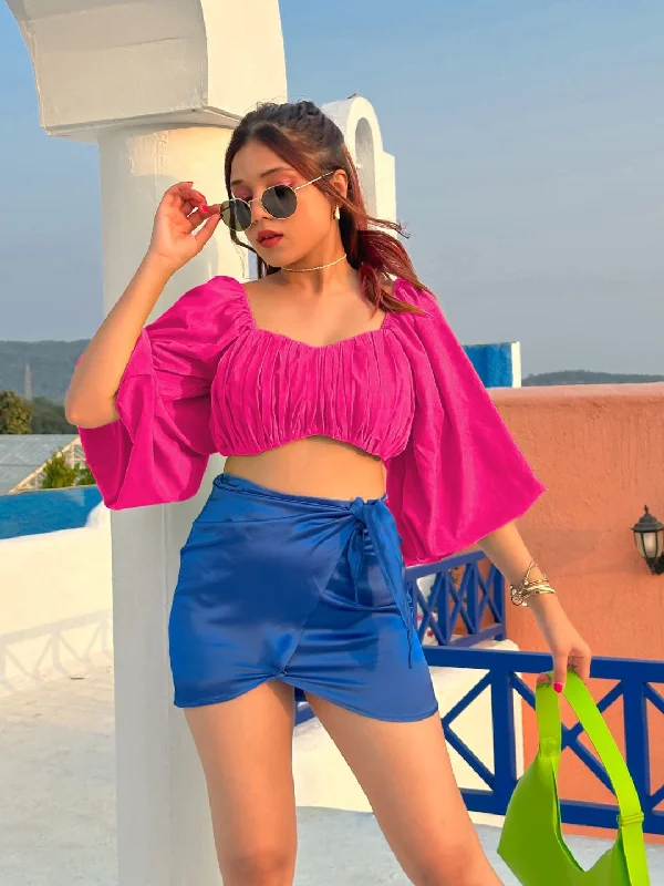Balloon Sleeves Top with Front Pleat Detailing Trendy Women's 