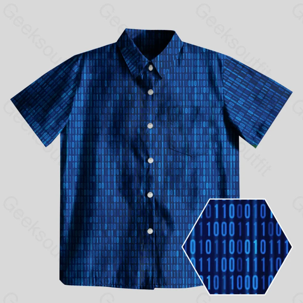 Binary Computer 1s and 0s Blue Button Up Pocket Shirt Modern Women's Tech