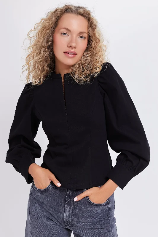 Black Denim Front Zip Anderson Blouse Classic Women's Pin - striped