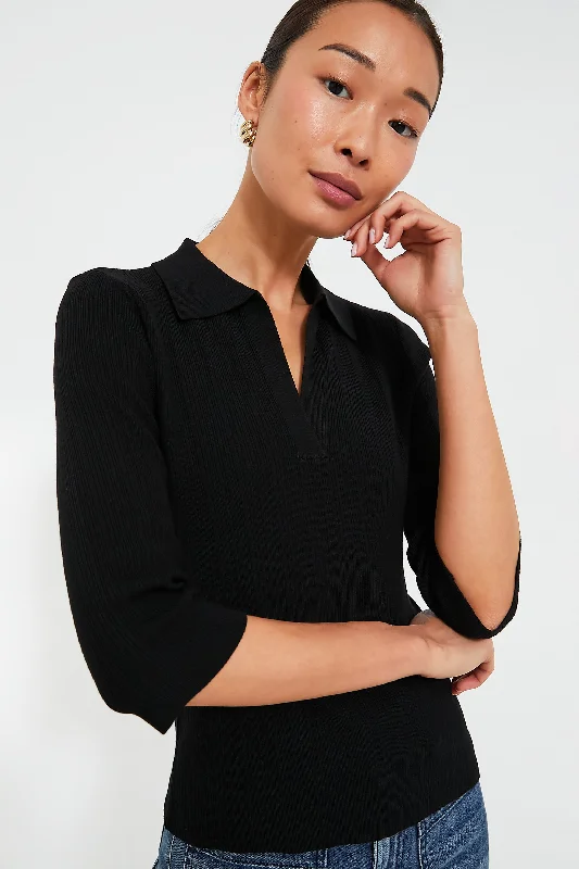 Black Ribbed Knit Viola Polo Youthful Women's Pop