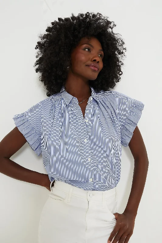 Blue and White Stripe Marianne B Ruffle Sleeve Shirt Monochromatic All - in - one