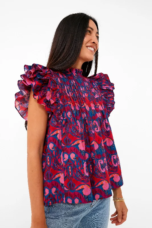 Exclusive Blue Kazak Pintuck Ruffle Top Cashmere