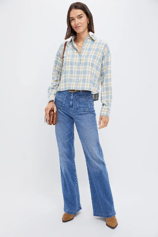Blue Plaid Flannel Cropped Jasper Button Down Geometric