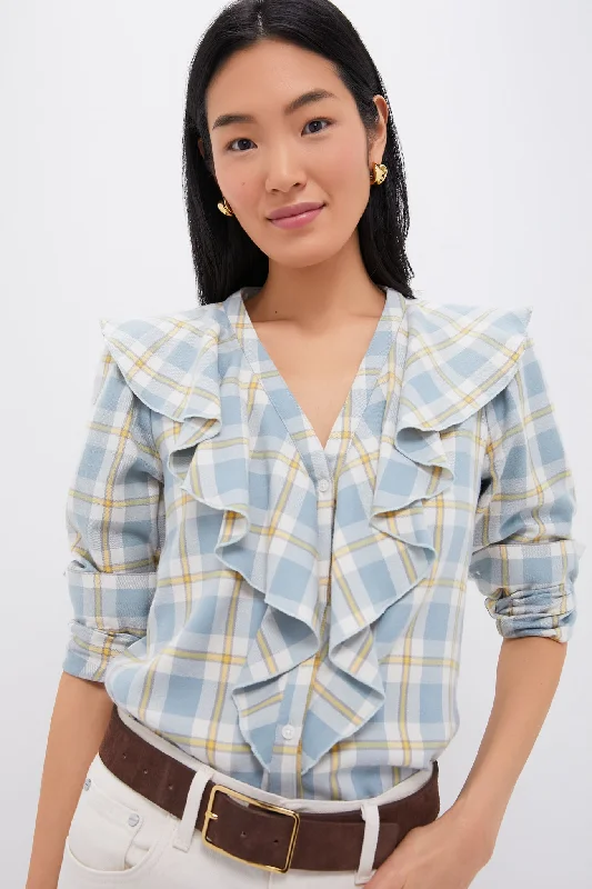 Blue Plaid V Neck Ruffle Eileen Button Down Practical Women's Multi - 