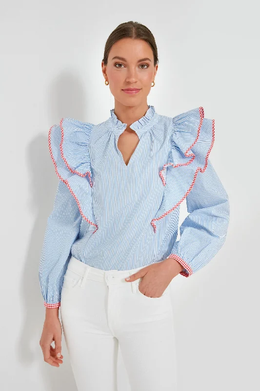 Blue Stripe Gingham Ruffle Holly Blouse Modern Women's 