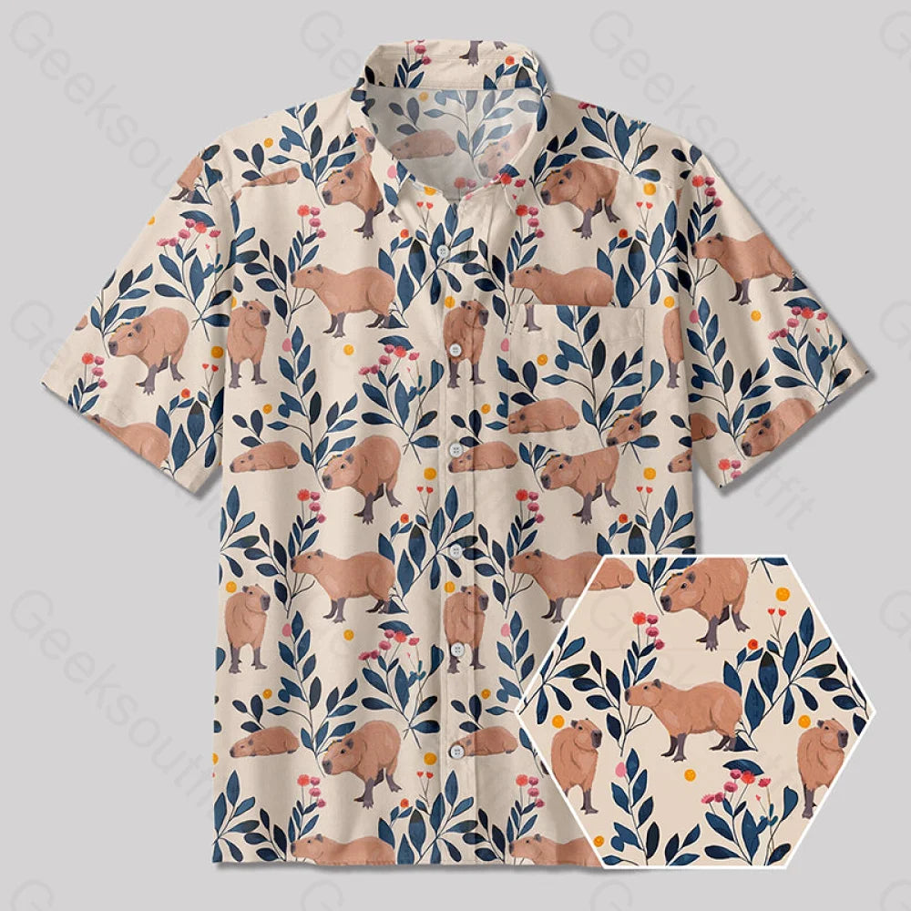 Capybara and Plants Button Up Pocket Shirt Cozy Women's Winter