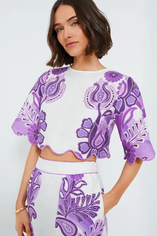 Color Festival Cream Cropped Blouse Polished Women's Silk