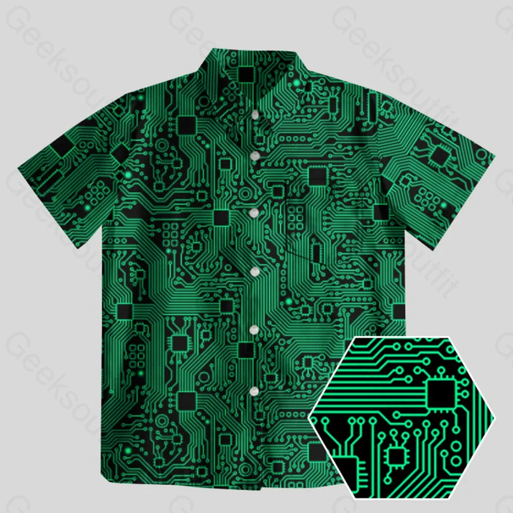 Computer Circuit Board Green Button Up Pocket Shirt Adventure