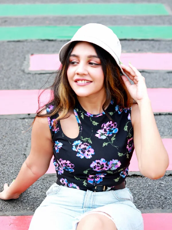 Printed Cotton Stretchable Shoulder Cutout Crop Top Country