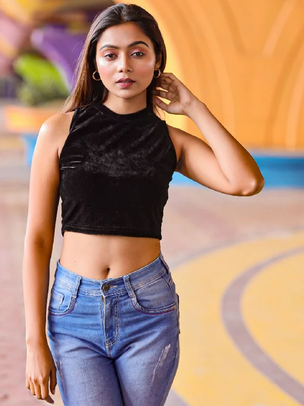 Stretchable Velvet High Neck Crop Top Practical Women's Multi - 