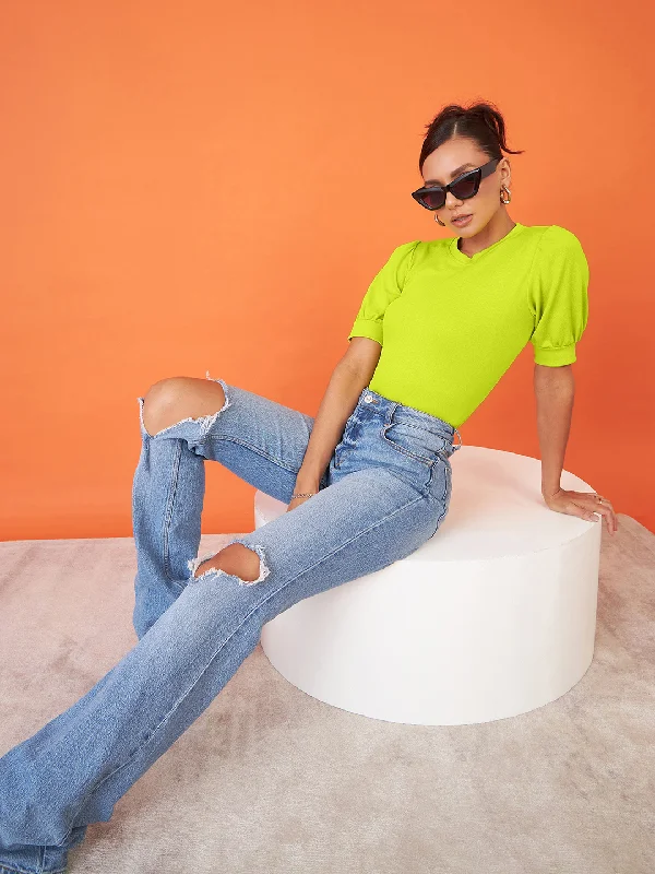 Cotton Solid Stretchable High Neck Puff Sleeve Top Laid - back Women's Style