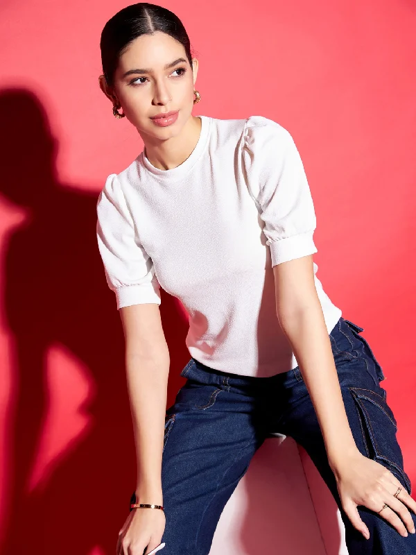 Cotton Solid Stretchable High Neck Puff Sleeve Top Refined Women's Hand - crafted