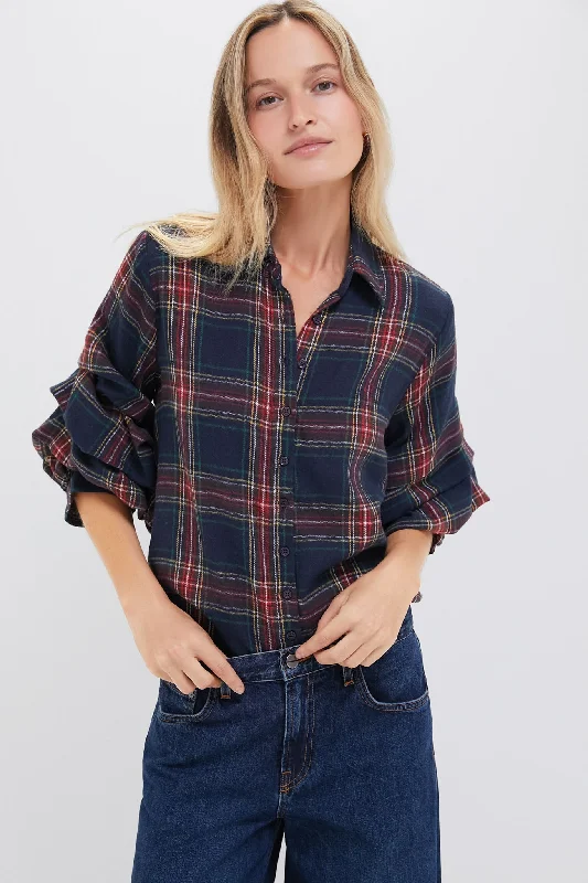 Exclusive Small Navy Tartan Seville Shirt Casual Women's Loose - fitting