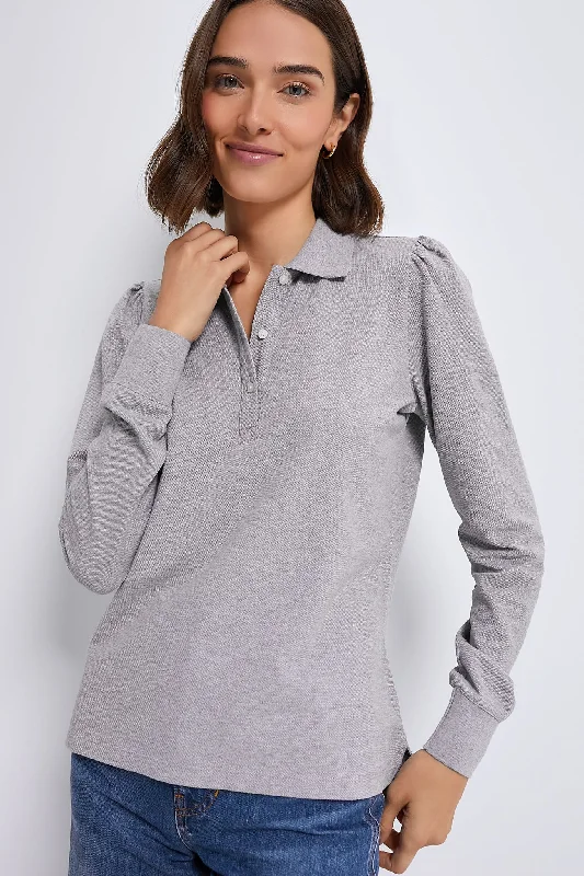 Gray Long Sleeve Pique Puff Sleeve Peggy Polo Sporty Women's Athleisure 