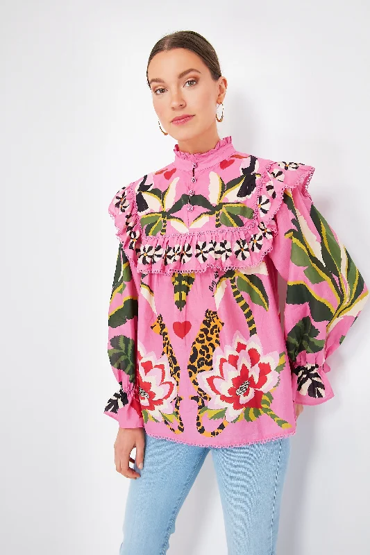 Leopard Forest Pink Blouse Elegant Women's 