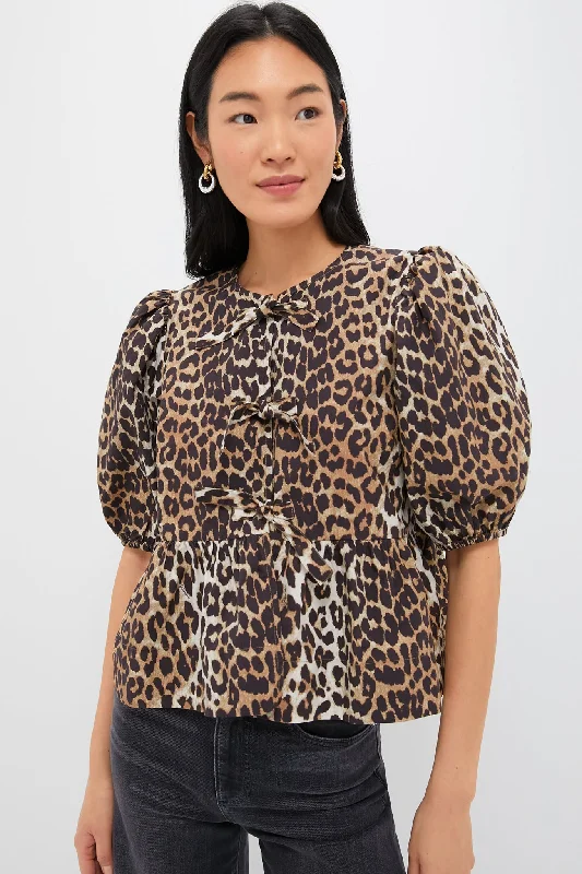 Leopard Printed Cotton Poplin Peplum Blouse Sharp Women's Italian