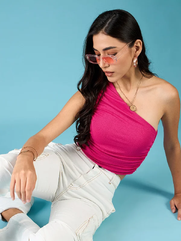Stretchable One Shoulder Top with Gathered Sides Sporty Women's Athleisure 