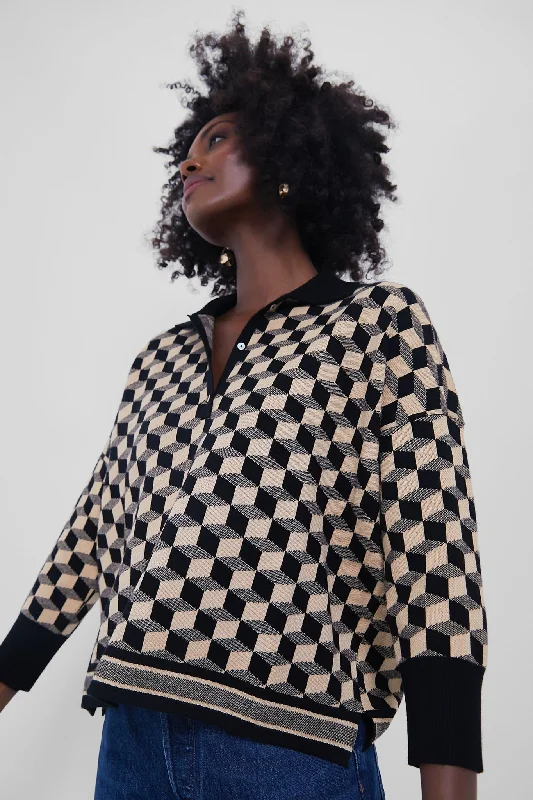 Onyx and Camel Knit Geo Clayton Polo Traditional Women's Wool
