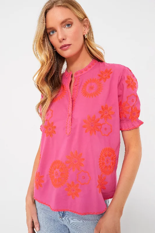 Pink and Orange Sesame Blouse Sleek Women's Metallic
