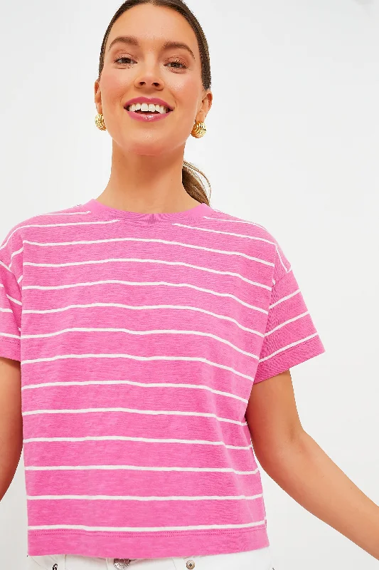 Pink and Skipper Blue Stripe Heavy Slub Boxy Crew Crop Tee Elegant Women's Formal 