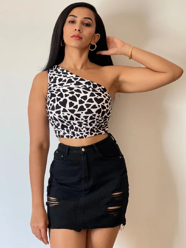 Printed Stretchable One Shoulder Top with Gathered Sides Stylish Women's Neon