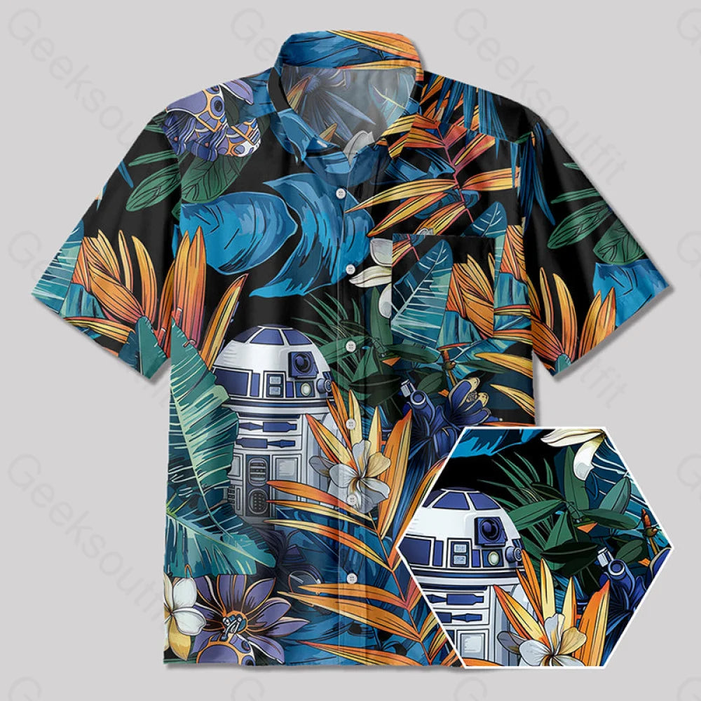 R2-D2 Hawaiian Leaves Button Up Pocket Shirt Athletic Women's 