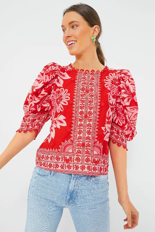 Red Flora Tapestry Blouse Sleek Women's 