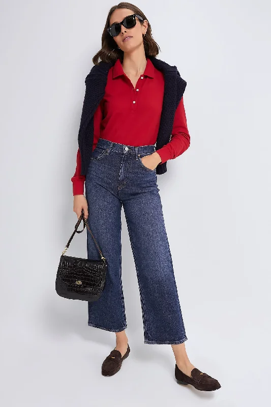 Red Long Sleeve Pique Puff Sleeve Peggy Polo Sleek Women's Metallic