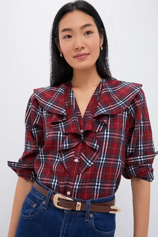 Red Plaid V Neck Ruffle Eileen Button Down Dynamic Women's High - energy