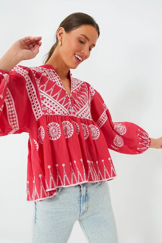 Soleil Red Mandarin Balloon Sleeve Top Classic Women's Pin - striped
