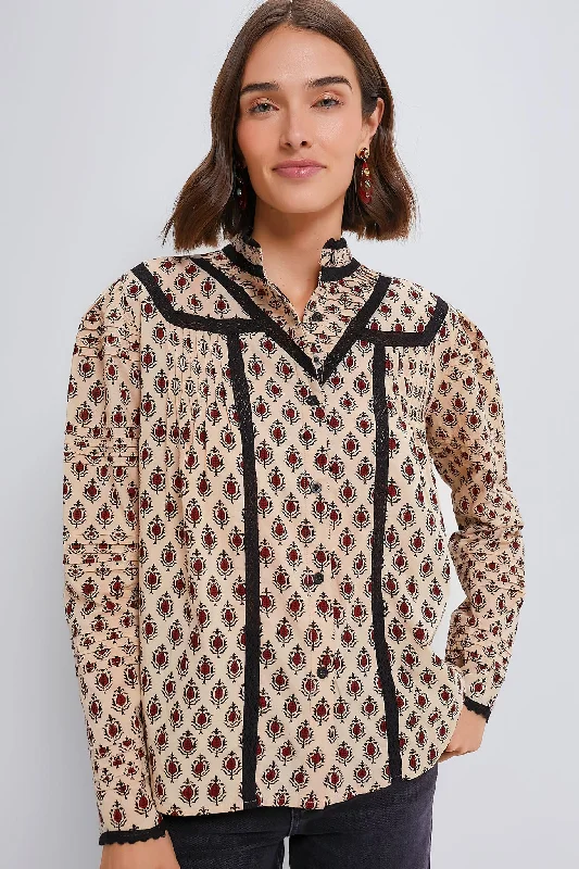 Tan and Burgundy Block Print Priya Shirt Stylish Women's Tropical 