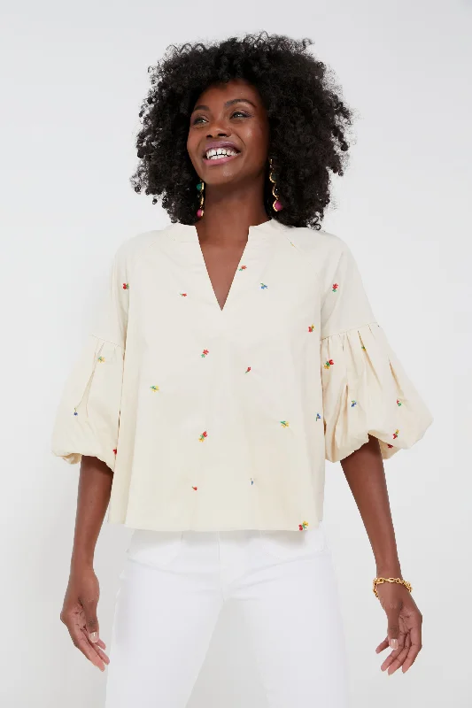 Tan Embroidered Blooms Blouse Artistic Women's Hand - painted