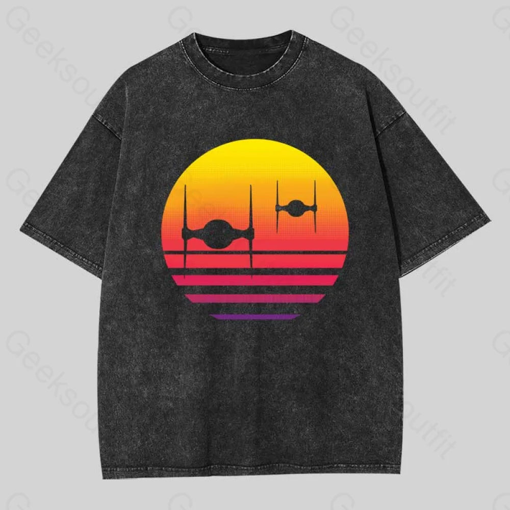 Tie Fighter Sunset Geek Washed T-shirt Youthful Women's Pop