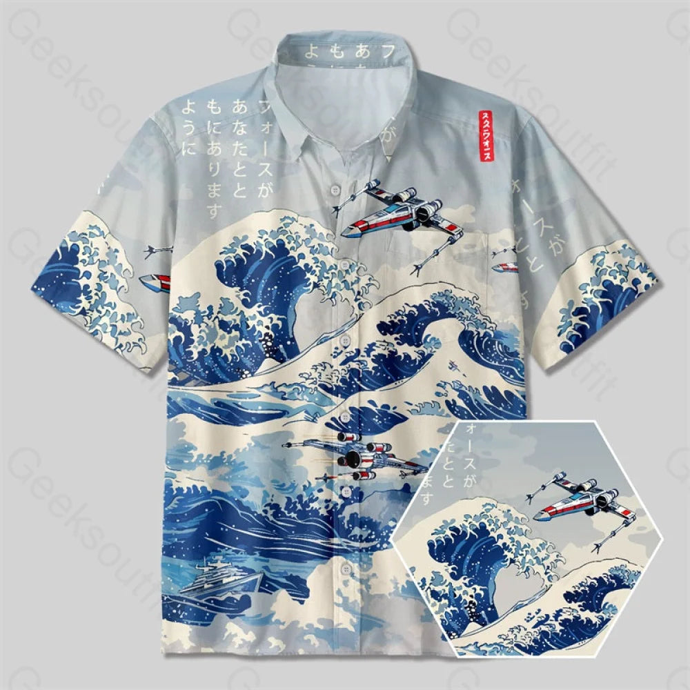 Ukiyoe wave fighter Button Up Pocket Shirt Youthful Women's Pop
