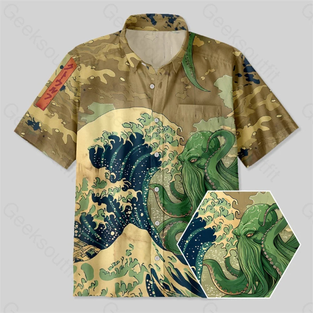 Ukiyoe Waves Cthulhu Button Up Pocket Shirt Dynamic Women's High - energy