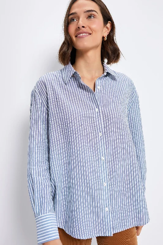Washed Blue Pointelle Stripe Nadine Boyfriend Button Down Bold Women's Statement