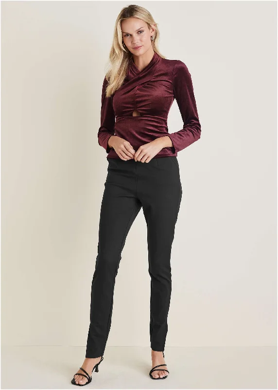 Velvet Twist Front Blouse - Wine Hip Women's Urban