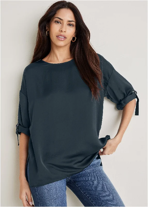 Roll Tab Sleeve Blouse - Navy Tough Women's Military - inspired