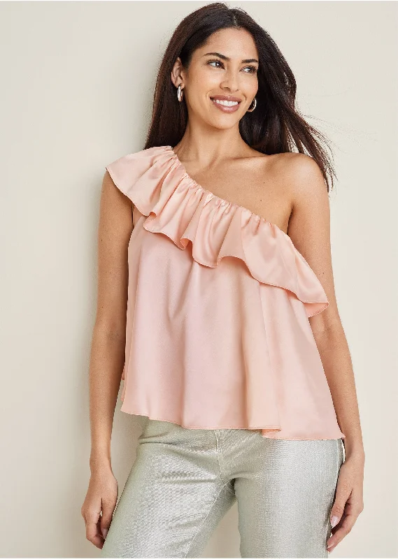 One Shoulder Ruffle Top - Blush Geometric