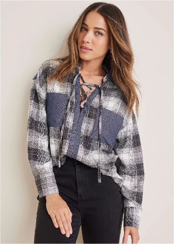 Plaid Lace-Up Shirt - Grey Plaid Cool Women's Distressed