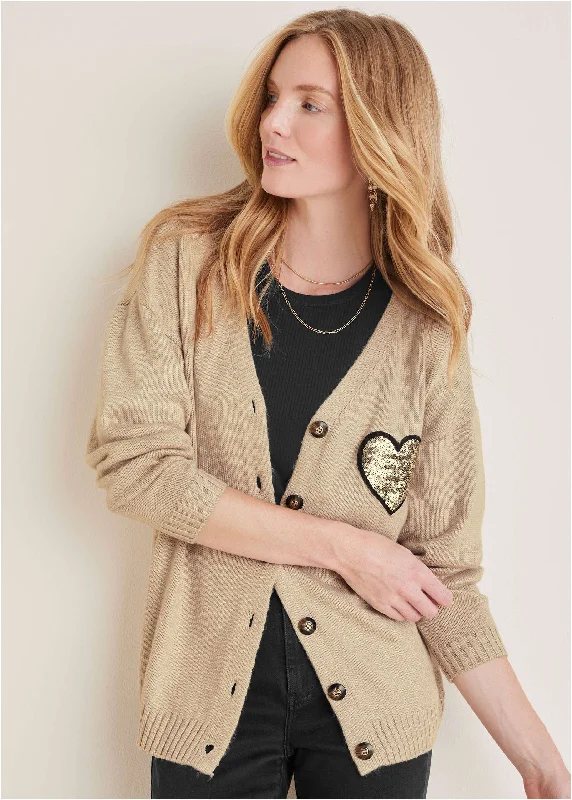 Sequin Heart Cardigan - Oatmeal Multi Earthy Women's 